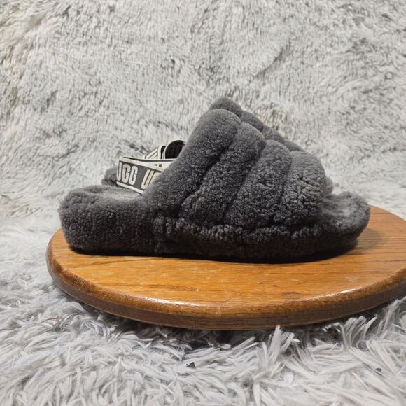 UGG Australia Fluff Yeah Women Size 9 Gray Sheepskin Elastic Comfy Winter Slides - Picture 2 of 7